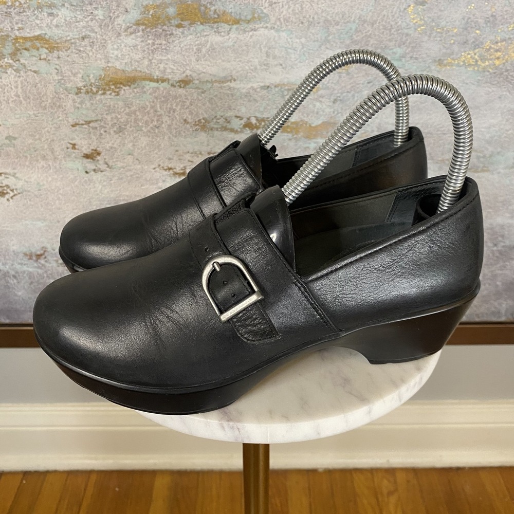Dansko Clog Shoes Womens Size 6.5 Black Leather Buckle Wedge Comfort Casual
